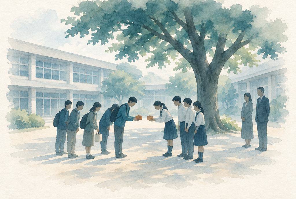 현지 학교 교류 장면 수채화